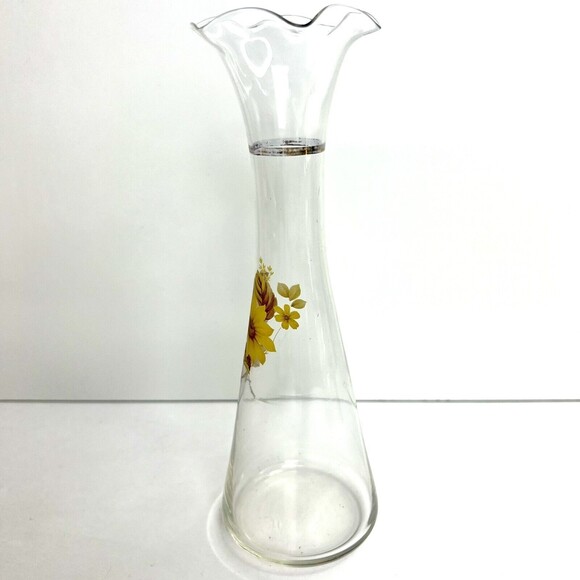Vintage Viking Art Glass Clear With Yellow And Brown Flowers Bud Vase - Picture 4 of 7